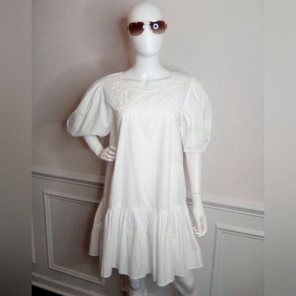 Women's Samson White Puff Sleeve Dress, Size Large, White - Picture 2 of 16